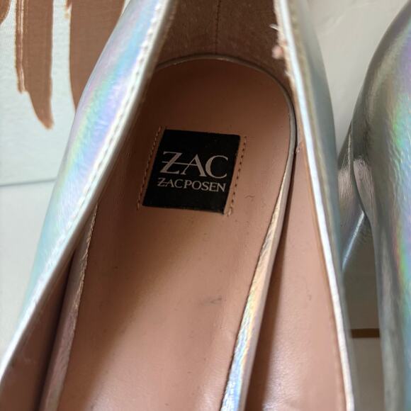 Zac Posen Silver Holographic Pointed Toe Slip On Block Heel Leather Pumps 8.5 - Picture 7 of 10